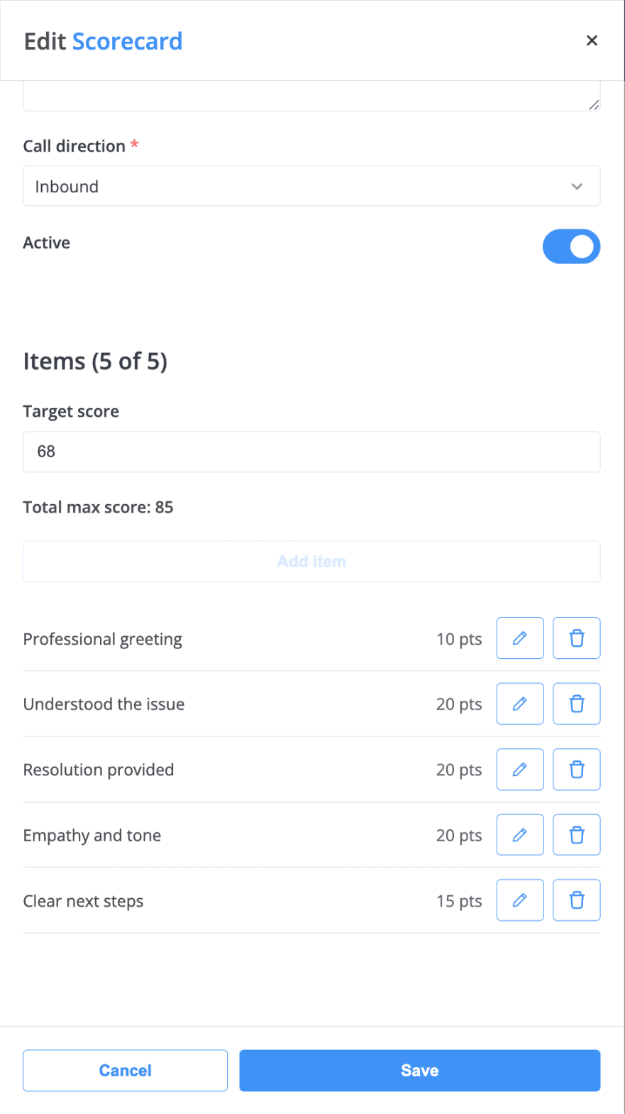 phone.systems™ AI Call Scoring scorecard named Customer Support Quality for inbound calls with a target score of 68 out of 85 and five criteria: professional greeting, understood the issue, resolution provided, empathy and tone, clear next steps