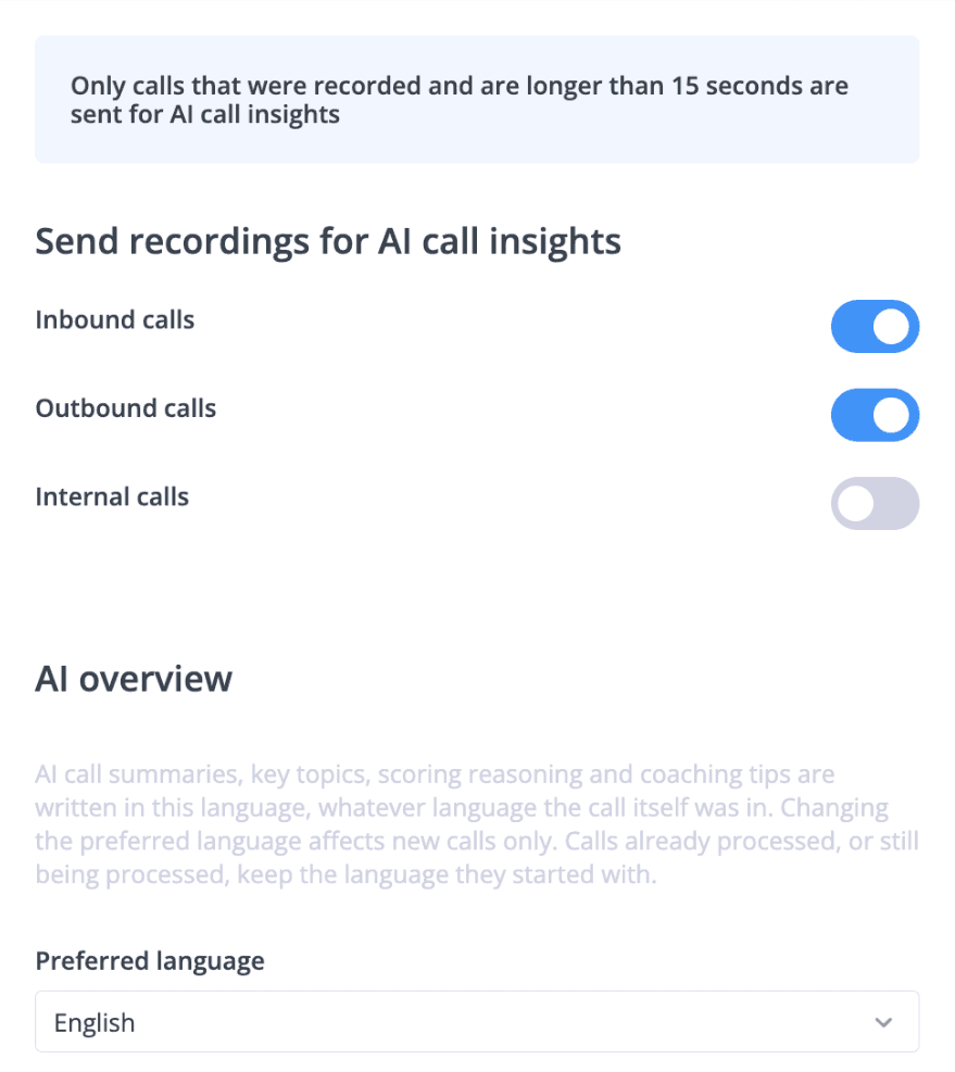 phone.systems™ AI settings with toggles to send inbound and outbound call recordings for AI call insights and a selector for the AI overview language