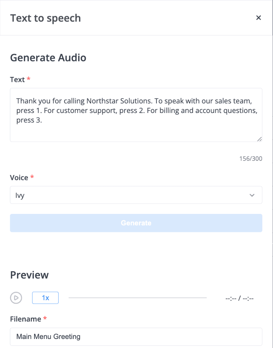 Audio Files text-to-speech form with the prompt text typed in, a selected voice and a generated audio preview