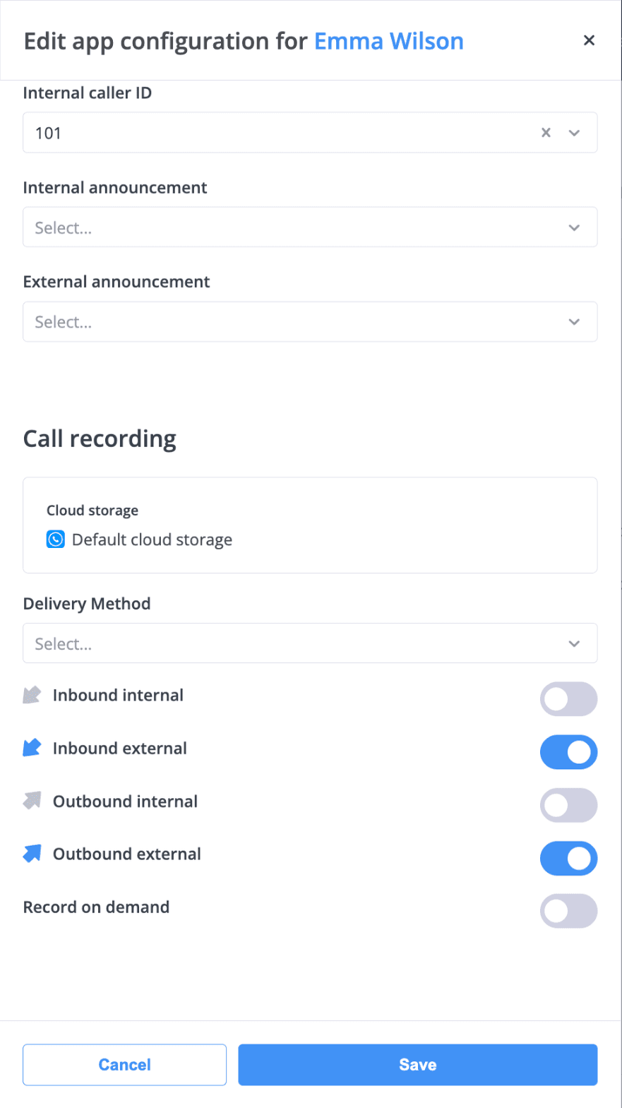 Contact method settings for a user with internal caller ID 101, default cloud storage, and inbound and outbound external call recording enabled