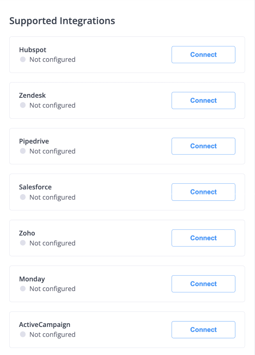 phone.systems™ CRM Integrations settings listing HubSpot, Zendesk, Pipedrive, Salesforce, Zoho, Monday and ActiveCampaign