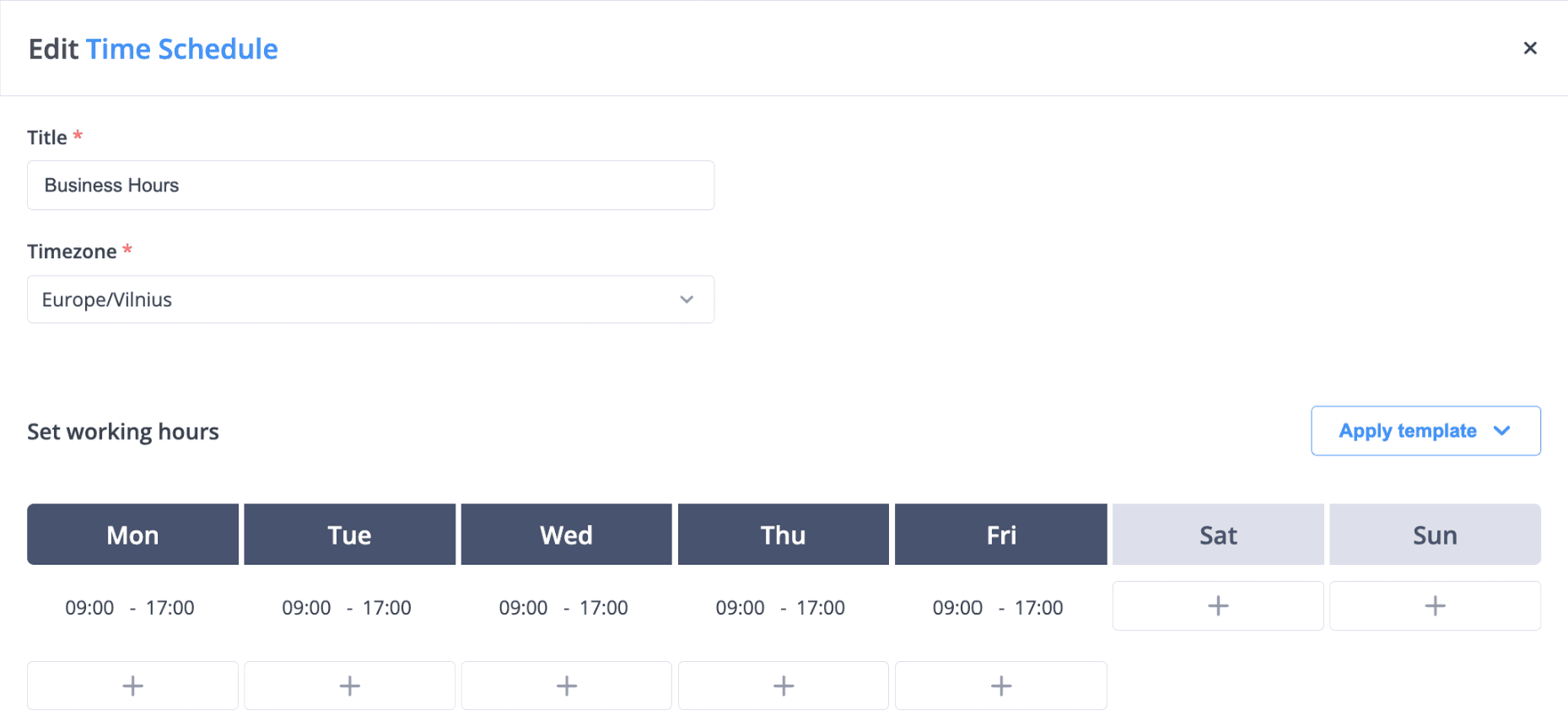phone.systems™ Time Schedules screen showing a Business Hours schedule in the Europe/Vilnius time zone with working hours Monday to Friday 09:00 to 17:00